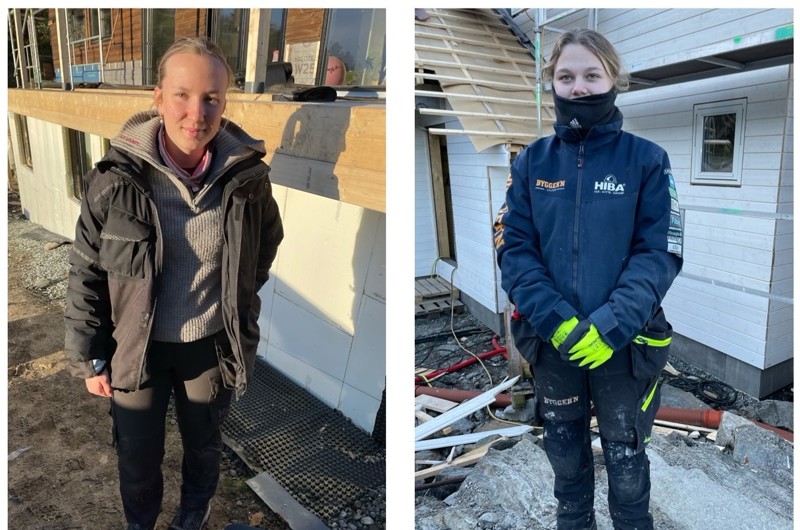 To blide og flinke jenter på utplassering fra VG2 Byggfag på Husnes